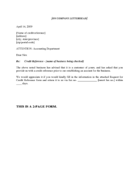 Request for credit reference Request to supplier for customer credit reference