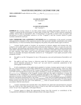Master Recording License for TV Broadcast  or Video Master Recording License for TV Broadcast  or Video