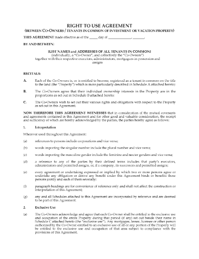 Right of Use Agreement for Vacation Property