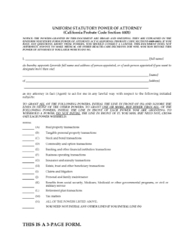 California Uniform Statutory Power of Attorney California Uniform Statutory Power of Attorney