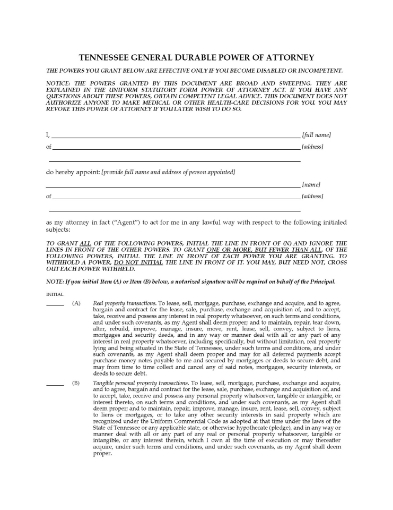 Tennessee General Durable Springing Power of Attorney