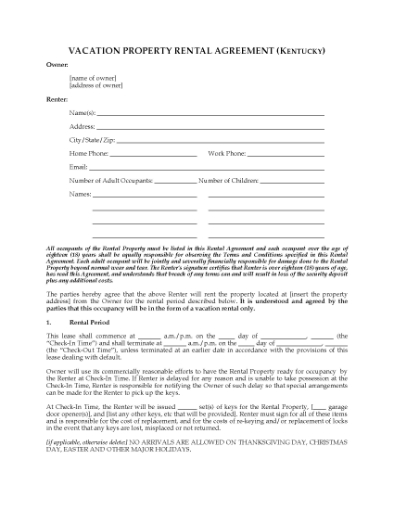 Picture of Kentucky Vacation Property Short-Term Rental Agreement
