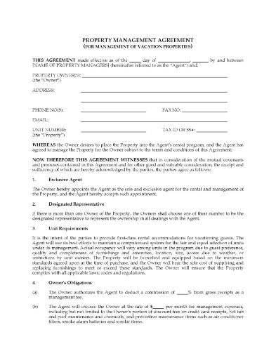 Property Management Agreement for Vacation Properties