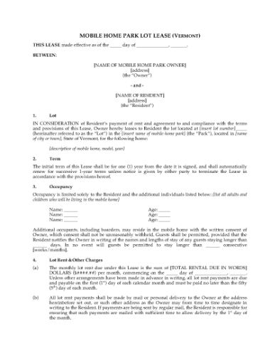 Picture of Vermont Lease for Mobile Home Lot