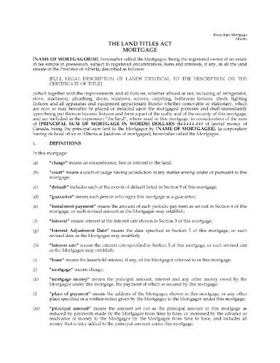 Alberta Standard Charge Fixed Rate Mortgage
