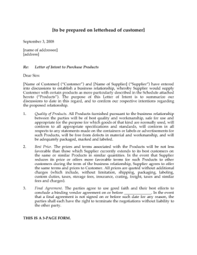 Picture of Letter of Intent to Purchase Products