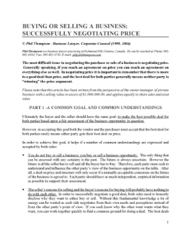 Negotiating Price for Sale of Business Over $1 Million Negotiating Price for Sale of Business Over $1 Million