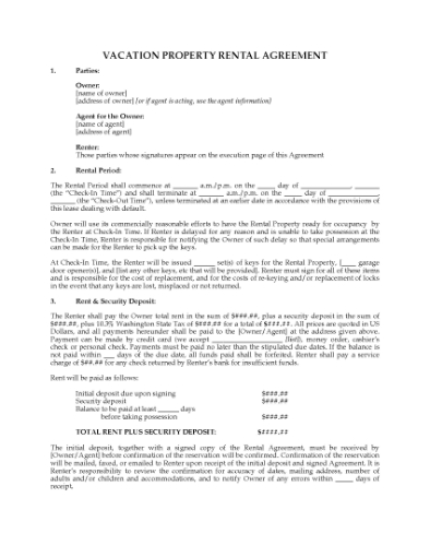 Picture of Washington Vacation Property Rental Agreement