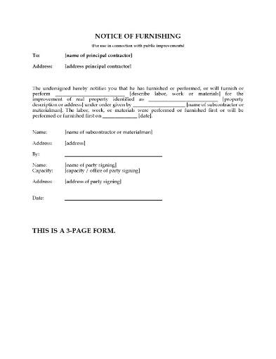 Ohio Notice of Furnishing for Public Improvements
