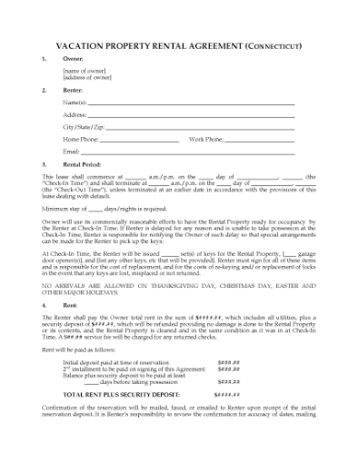 Picture of Connecticut Vacation Property Rental Agreement