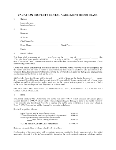 Picture of Rhode Island Vacation Property Rental Agreement