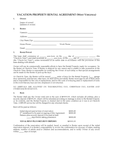 Picture of West Virginia Vacation Property Rental Agreement