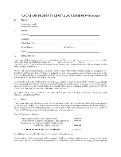 Picture of Wyoming Vacation Property Rental Agreement