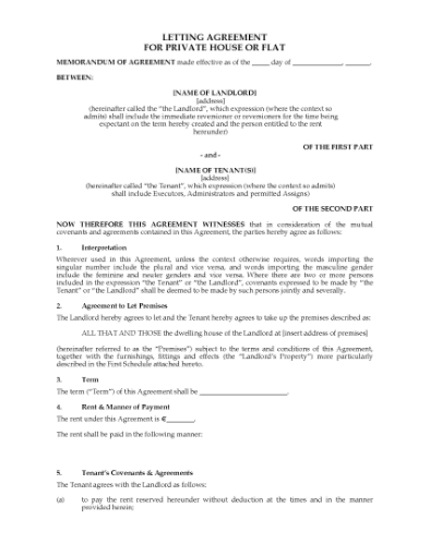 Picture of Ireland Letting Agreement for Private House or Flat