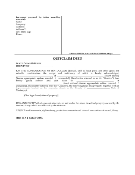 Mississippi Quitclaim Deed Form Mississippi Quitclaim Deed Form