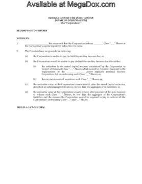 Canada Directors Resolution to redeem shares Canada Directors Resolution to redeem shares