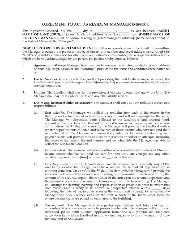 Agreement between Missouri landlord and tenant to hire tenant as resident manager of rental building