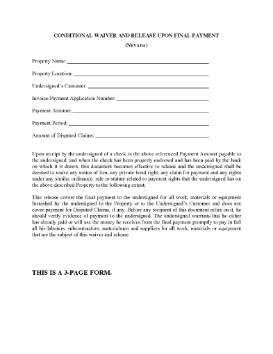 Nevada Conditional Lien Waiver and Release on Final Payment