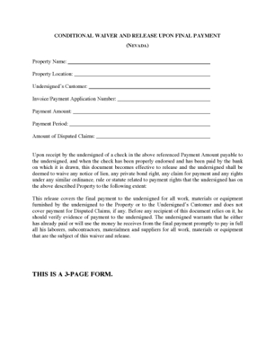Picture of Nevada Conditional Waiver and Release of Lien Upon Final Payment