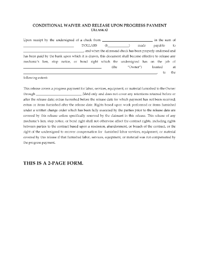 Alaska Conditional Waiver and Release of Lien - Progress Payment