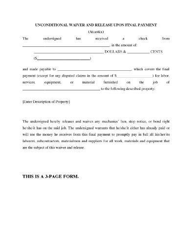 Alaska Unconditional Waiver and Release of Lien - Final Payment