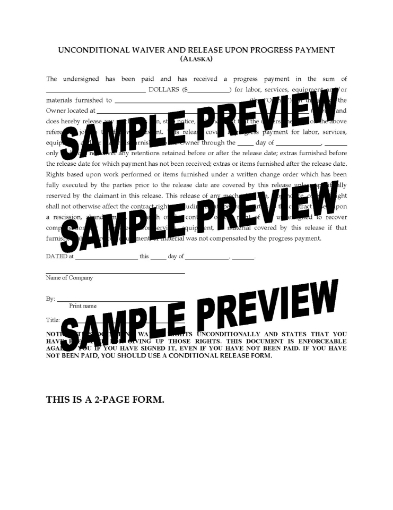 Alaska Unconditional Waiver Release of Lien - Progress Payment
