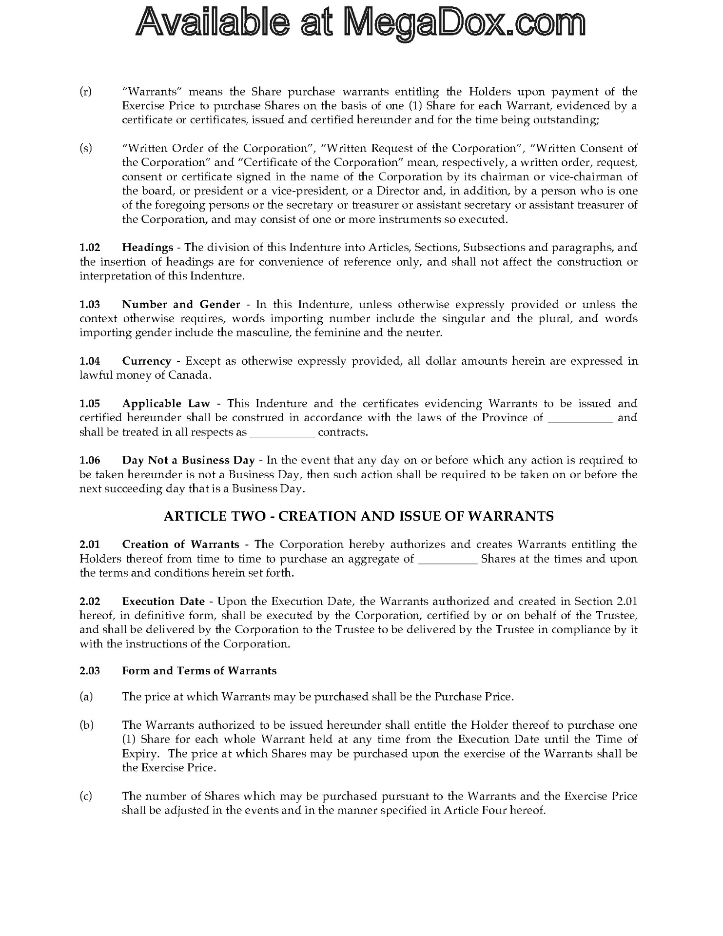 Canada Warrant Indenture for flow-through shares | MegaDox.com