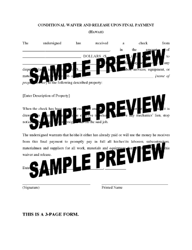 Hawaii Conditional Waiver and Release of Lien - Final Payment