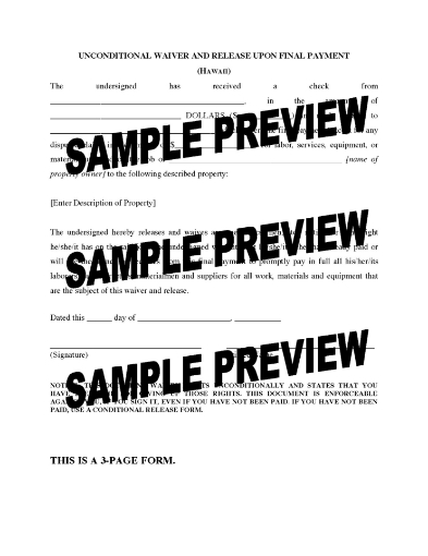 Hawaii Unconditional Waiver and Release of Lien - Final Payment