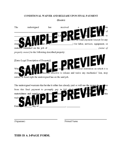 Idaho Conditional Waiver and Release of Lien - Final Payment