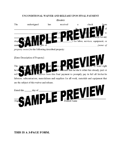 Idaho Unconditional Waiver and Release of Lien - Final Payment