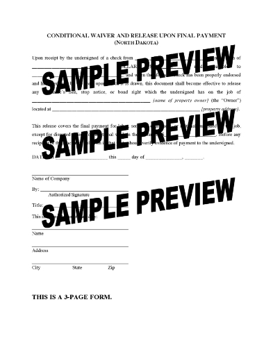 North Dakota Conditional Lien Waiver and Release on Final Payment