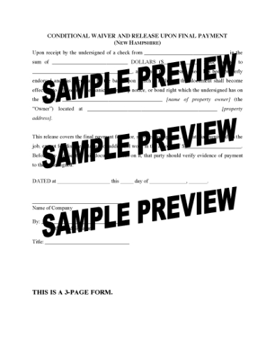 Picture of New Hampshire Conditional Waiver and Release of Lien Upon Final Payment