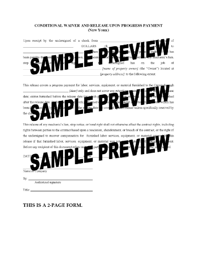 New York Conditional Lien Waiver and Release on Progress Payment