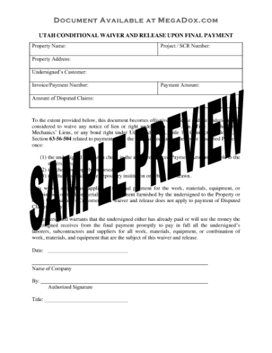 Picture of Utah Conditional Waiver and Release of Lien Upon Final Payment