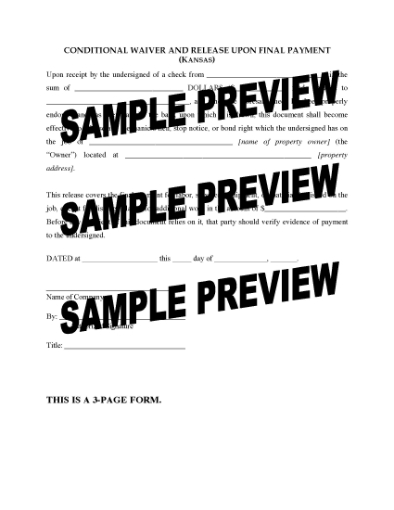 Picture of Kansas Conditional Waiver and Release of Lien Upon Final Payment