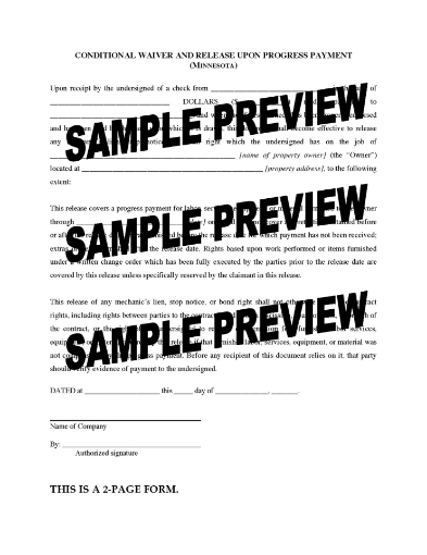 Minnesota Conditional Lien Waiver and Release on Progress Payment