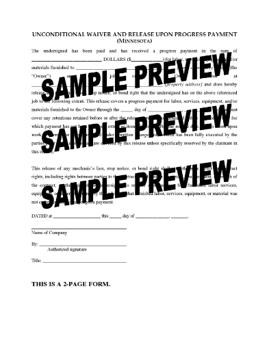 Minnesota Unconditional Lien Waiver and Release on Progress Payment