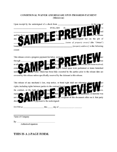 Missouri Conditional Lien Waiver and Release - Progress Payment