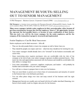 Management Buyouts - Selling Out to Senior Management Management Buyouts - Selling Out to Senior Management