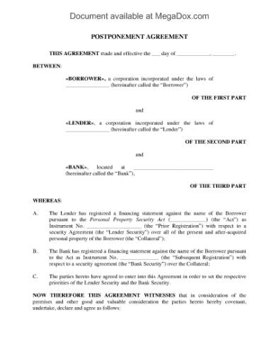 Picture of Postponement Agreement under PPSA | Canada