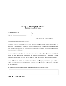 Michigan Notice of Commencement (Residential Property) Michigan Notice of Commencement (Residential Property)