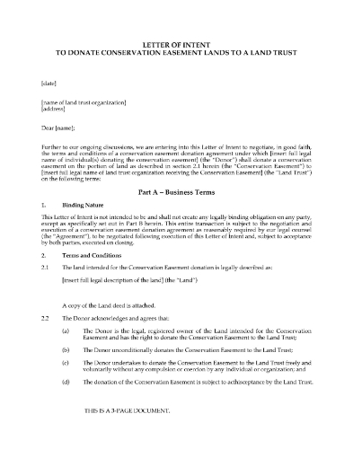 Letter of Intent to Donate Conservation Easement to Land Trust