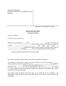 Texas Release of Vendors Lien Form Texas Release of Vendors Lien Form