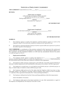 New Zealand Individual Employment Agreement Individual Employment Agreement for New Zealand employers