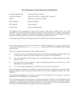 Set Dressing and Props Release Agreement Set Dressing and Props Release Agreement
