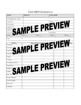 Call Sheet for TV Commercial Shoot Call Sheet for TV Commercial Shoot