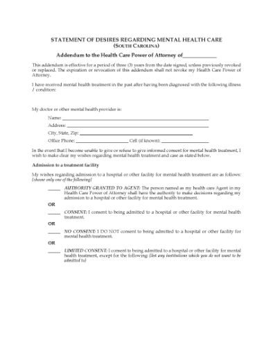 Picture of South Carolina Statement of Desires Regarding Mental Health Care