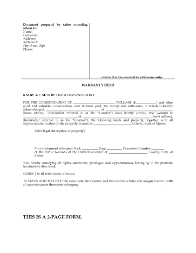 Picture of Maine Warranty Deed Form