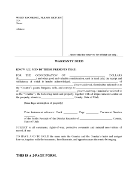 Utah Warranty Deed Form Utah Warranty Deed Form